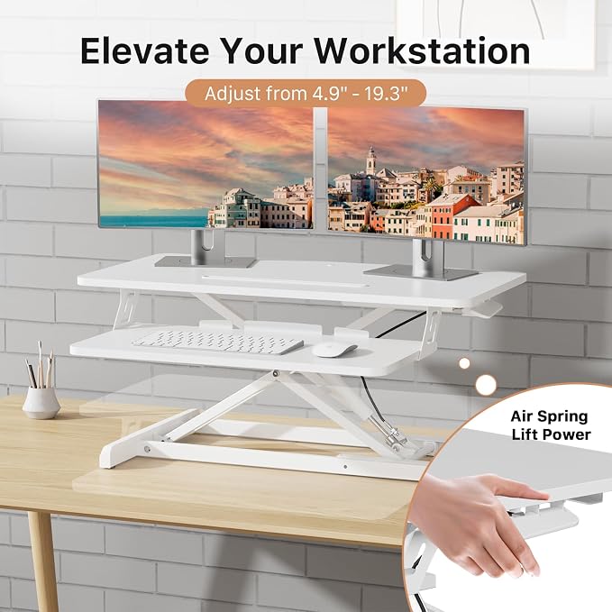 JOY worker 32" Standing Desk Converter, Height Adjustable Stand Up Riser | White Desktop Sit to Stand Riser with Fixed Keyboard Tray, Monitor and Laptop Workstation, Particle Board, for Home Office - Image 3