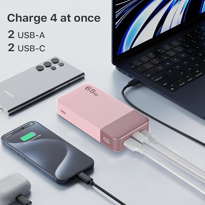 NOBIS Portable Charger 20000mAh 65W Power Bank Fast Charging | 2C+2A Battery Pank with Digital Display, Dual USB-C Fast Charging for Laptop, Phone, Tablet, On-the-Go External Battery Pack - Image 4