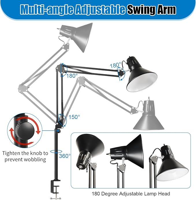 LED Clamp on Desk Lamp, 360°Adjustable Swing Arm Desk Lamp | Clamp Light with Eye-Caring LED Bulb for Home Office Reading Drafting - Image 2