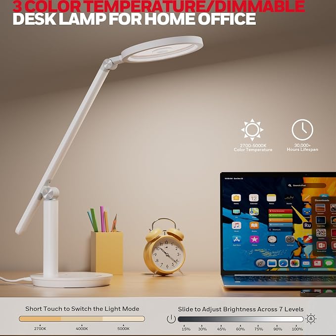 Honeywell H6 Desk Lamp for Home Office, Dimmable Reading Table Light, White | Sunturalux CRI≥97, RG0 Low Blue Light, Flicker-Free, 800LM Dimmable with Timer for Webcam, Study, Office & Bedroom - Image 3