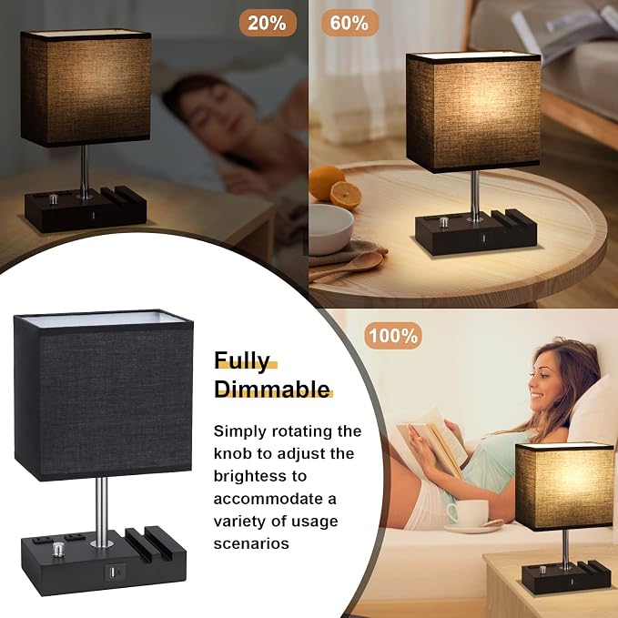 Black Table Lamp for Bedroom - Stepless Dimmable, USB C+A, 2 AC Outlets | Dimming By Rotary Knob, USB C+A Ports, 2 Phone Stands, LED Bulbs Included, Rectangle Black Lampshade, for Living Room, Desk - Image 3
