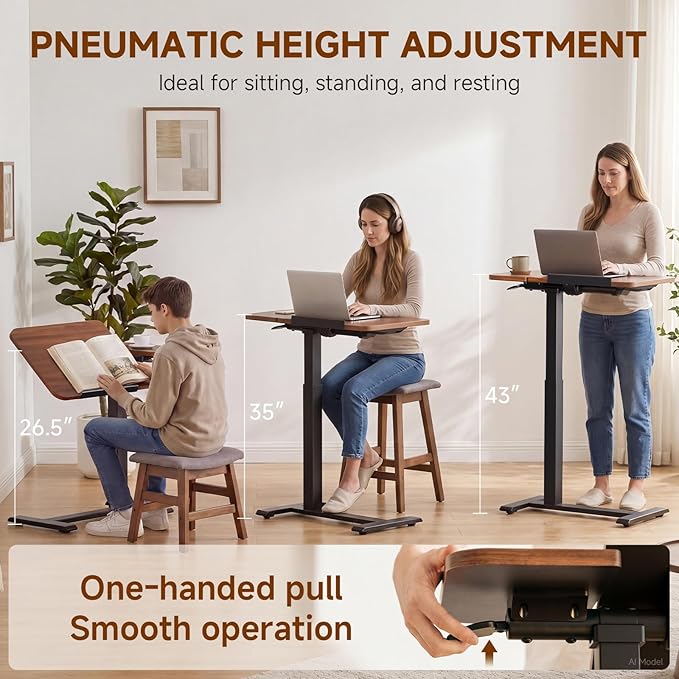 GTPLAYER Pneumatic Adjustable Standing Desk, 28 Inch Tiltable Mobile Rolling Laptop Table with Wheels, Overbed Bedside Table Computer Workstation for Home Office, Walnut - Image 3
