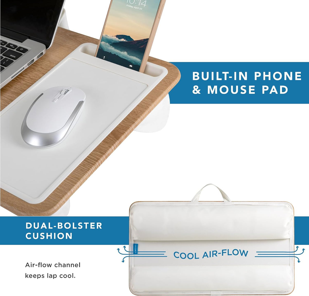 LAPGEAR Home Office Lap Desk with Device Ledge, Mouse Pad, and Phone Holder - White Oak Woodgrain - Fits up to 15.6 Inch Laptops - Style No. 91579 - Image 4