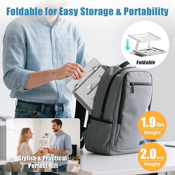 Laptop Stand for Desk, Adjustable Height & Angle Portable Aluminum Laptop Riser & Monitor Stand with 360° Swivel, Foldable Ergonomic Computer Stand for 10-17 Inch Laptops (MacBook/Dell/HP), Silver. - Image 3