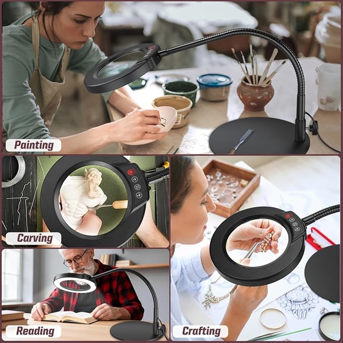 10X Magnifying Glass with Light and Stand, 16.5in Flexible Goose-Neck, 5 Color Modes Stepless Dimmable LED Lighted Desk Lamp, Hands Free Magnifier for Crafting Hobby Painting Close Work - Black - Image 7
