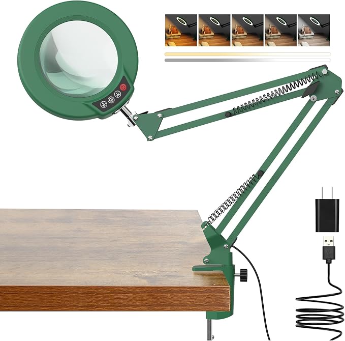 10X Magnifying Glass with Light and Clamp, Real Glass Stand Lighted Magnifier, 5 Color Modes Stepless Dimmable LED Desk Lamp Hands Free for Crafts Hobby Reading Painting Sewing Close Work - Green by COYETH