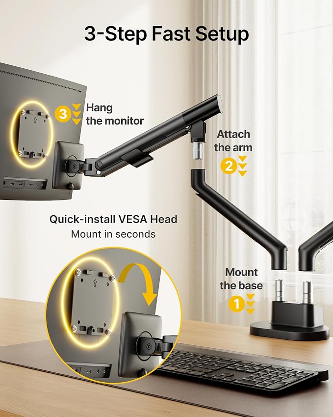 monTEK Aluminum Dual Monitor Arm for 17-35" Screens, 24.3 lbs Each, Black | Mechanical spring, tension indicator, full motion, VESA 75/100 compatibility, clamp/grommet bases and cable routing - Image 7