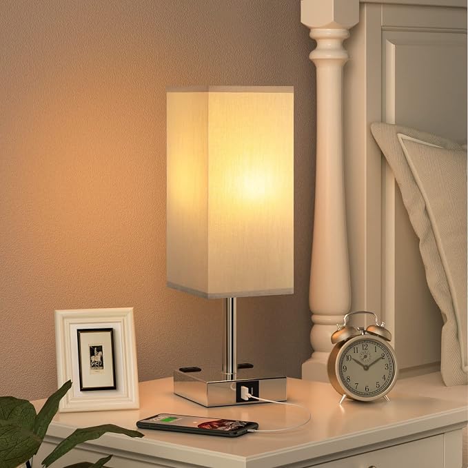 Touch Bedside Table Lamp for Bedroom - Dimmable, USB C+A, 2 AC Outlets | 3-Way Dimming, 3000K Bulb Included, Square Grey Lampshade and Silver Base, Desk Lamp for Nightstand, Living Room, Dorm - Image 5
