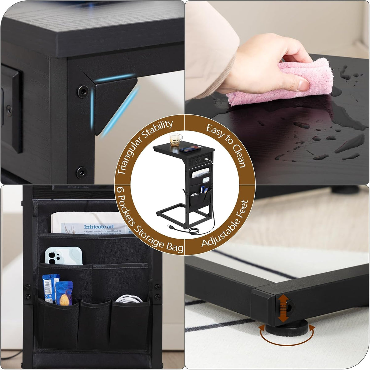 AMHANCIBLE C Shaped End Table with Charging Station, TV Trays, Set of 2 - Image 7
