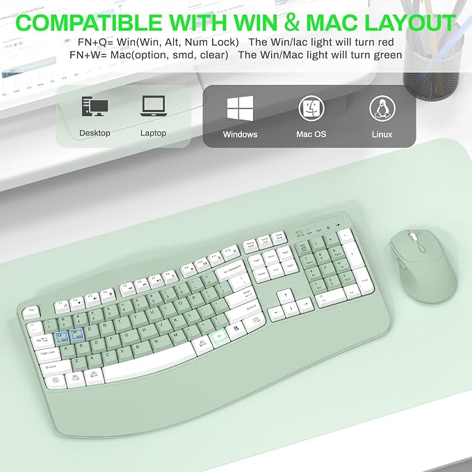Wireless Keyboard and Mouse Combo,2.4G Ergonomic Wave Keys(Avocado Green-A) | Full Size Cordless Keyboard with Wrist Rest,3-Level DPI Ergonomic Mouse for Office and Home,Windows/Mac OS/Desktop/Laptop/PC - Image 8