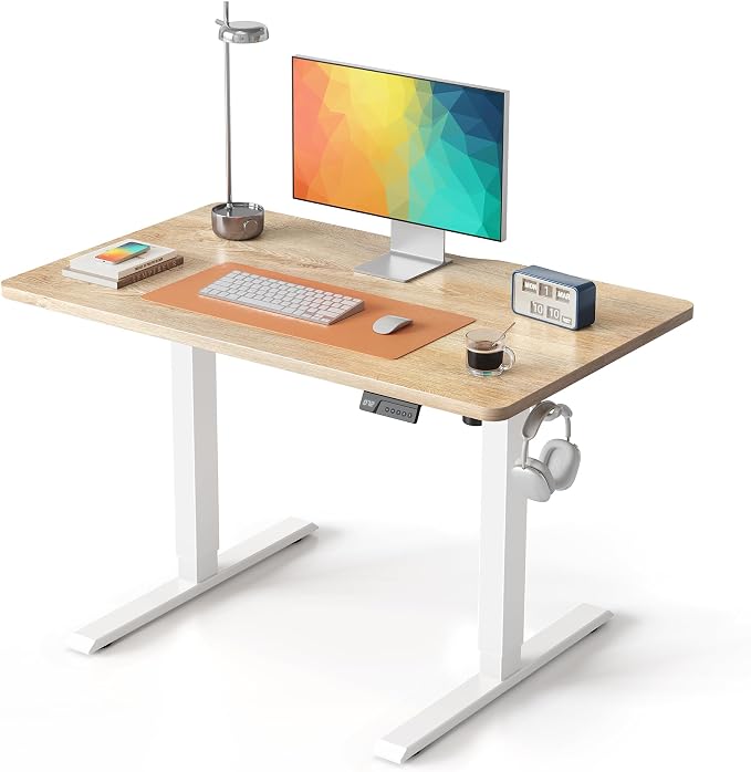 DESINO Standing Desk, 32 × 19 Inches Electric Height Adjustable, Sit and Stand Up, Computer Office Desk with Splice Board, White Frame/Oak TOP by DESINO