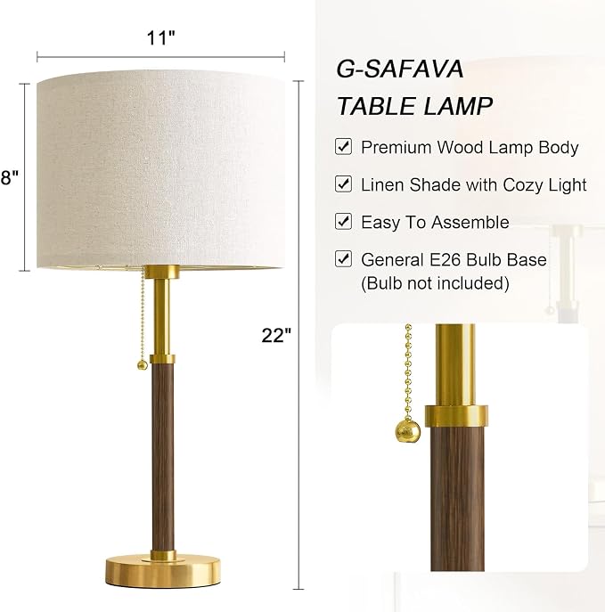 Wood Table Lamps 22" Mid Century Modern Lamps for Bedroom Living Room Lamps | Pull Chain Lamps Set of 2, Walnut Mcm Bedside Lamps for Night Stands, Vintage Small Side Table Lamps Buffet Nursery Decor - Image 2