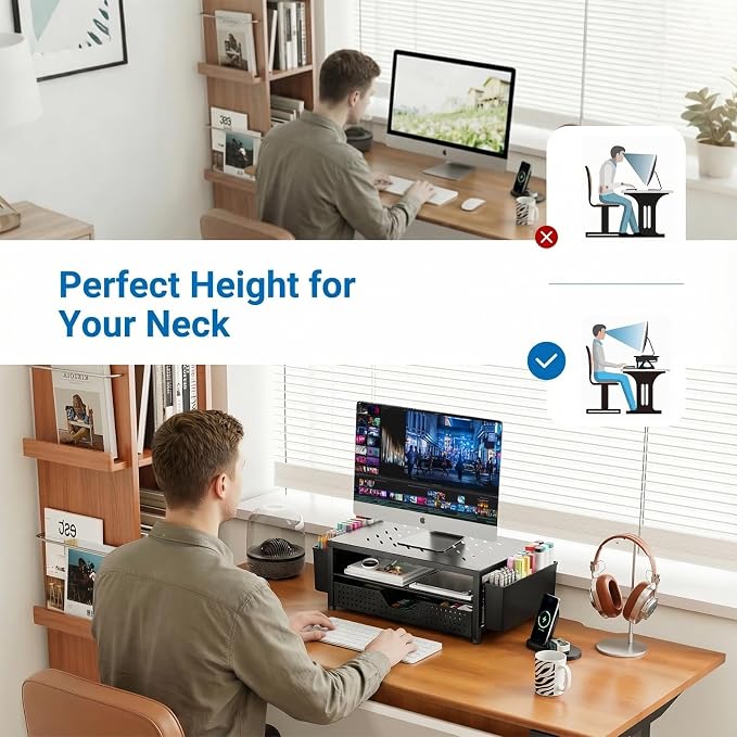 Desk Organizer and Accessories, 2-Tier Computer Monitor Stand Riser with Drawer and 2 Pen Holders, Laptop Stand, Office Desk Accessories for Office Supplies, 1 Pack, Black-Ventilated - Image 3