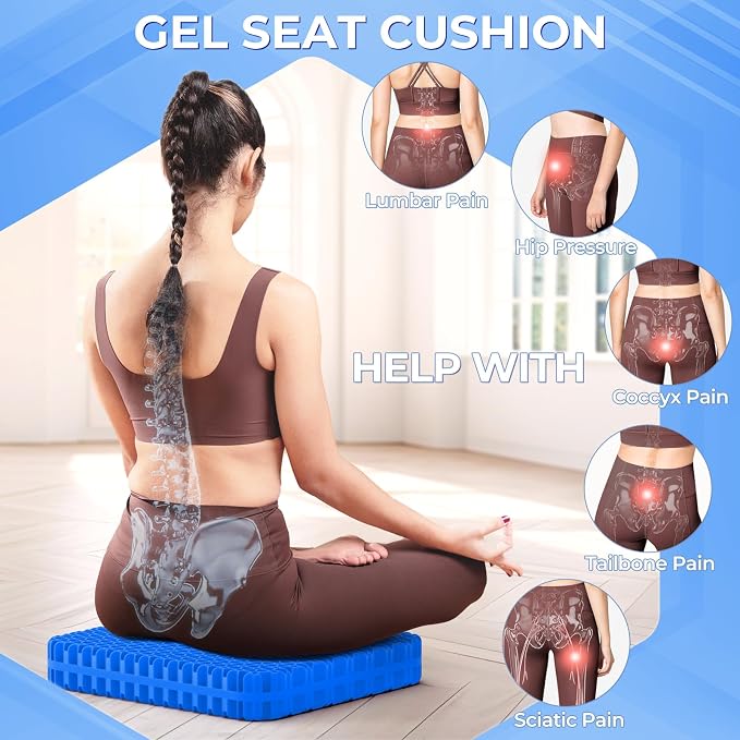 TushGuard Gel Seat Cushion for Long Sitting, Breathable Thick Patent Design | Enlarged Cooling Chair Pad for Office Chair, Wheelchair, Desk Chair, Supportive Car Cushion (2"Thick, Black+Blue) - Image 6
