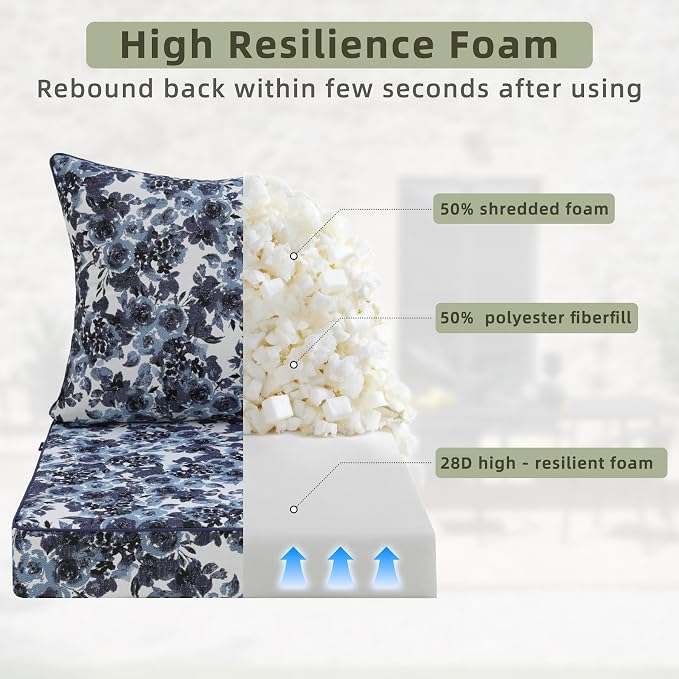 Favoyard Outdoor Deep Seat Patio Cushions Set, 22" x 22", Rainproof, Garden | Fade Resistant, Removable Bottom & Back Cushion, Tie Straps for Patio Furniture, Rocking Chair, Sofa Couch, Blue Floral - Image 5