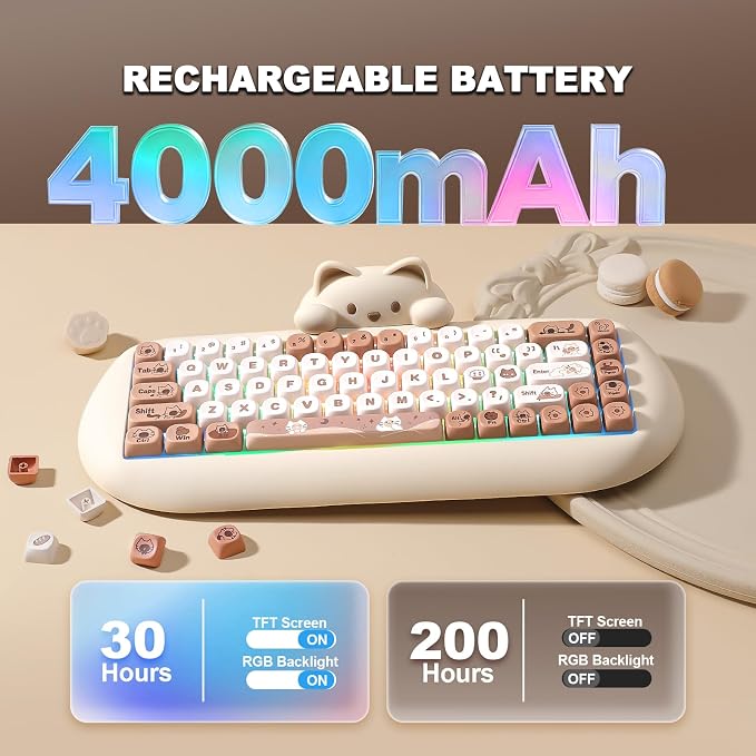 YUNZII C68 Wireless Mechanical Keyboard,65% Layout,Hot Swap,Triple Mode BT5.0/2.4G/Wired, RGB Backlit NKRO,Cute Cat Silicone Ergonomic Design for Win/Mac (Brown, Milk Switch) | Wireless Triple Mode BT5.0/2.4G/Wired, RGB Backlit NKRO, Cute Cat Silicone ... - Image 8