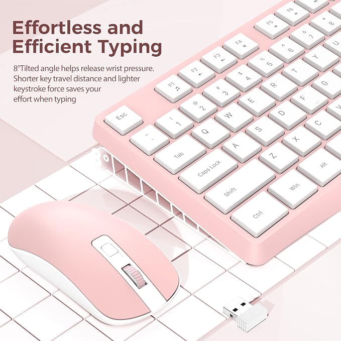 Wireless Keyboard and Mouse Combo, Lovaky 2.4G Full-Sized Ergonomic Keyboard Mouse, 3 DPI Adjustable Cordless USB Keyboard and Mouse, Quiet Click for Computer/Laptop/Windows/Mac (1 Pack, Pink) | Ergonomic, Low profile Keys, 3 DPI Adjustable, 2.4G Quiet... - Image 2