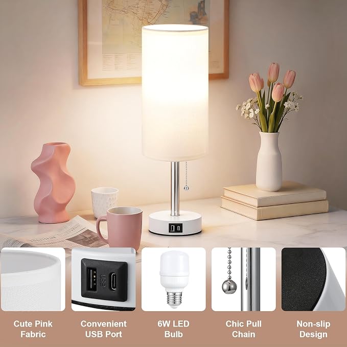 White Bedside Table Lamp for Bedroom - Small Nightstand Lamp for Girls | 3 Color Temp, USB A+C Ports, LED Bulb Included, Soft White Fabric Shade, Matte White Metal Base, 14" Desk Lamp for Kids Dorm - Image 8