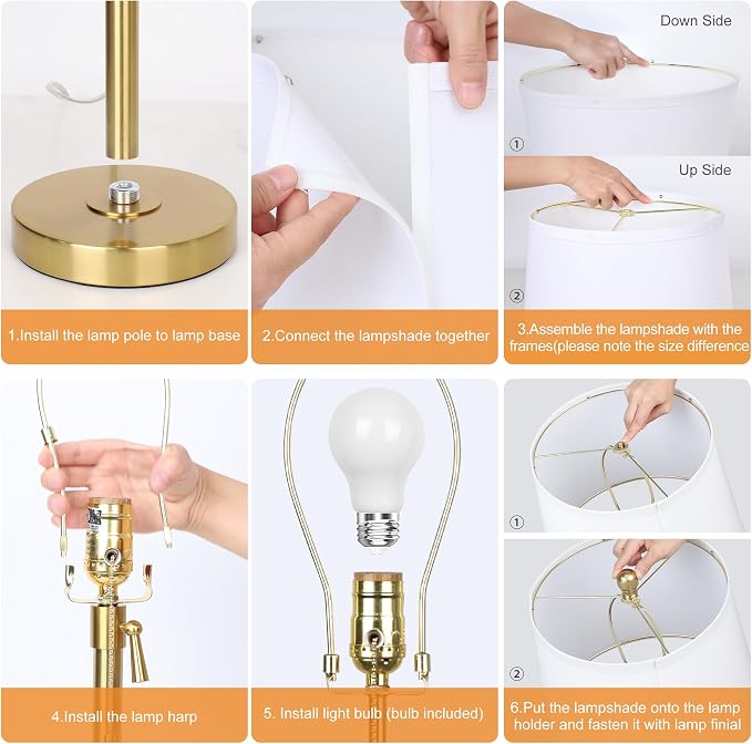Modern Gold table Lamp 22" to 30"Adjustable Height 3 Brightness Way Brass Nightstand with White Linen Shade Pull Chain Pole Lights for Living Room Guest Bedroom End Table Office(Bulb Included, Single) - Image 6