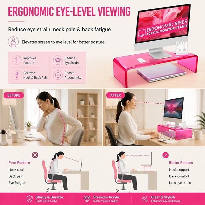 Ergonomic Acrylic Monitor Stand with Storage - Bright Pink Desktop Organizer for Back Pain Relief & Space Saving, Stylish & Modern Desktop Organizer(Home/Office Use) - Image 4