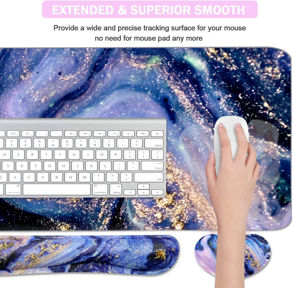 4-in-1 Large Gaming Mouse Pad, Keyboard Wrist Rest Pad & Wrist Support Mousepad Set, Extended Desk Pad Waterproof Desk Mat for Home Office Study Game - Purple Marble - Image 3
