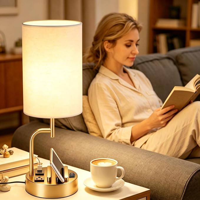 Dreamholder 2 Pack Table Lamp, Bedside Lamp with 3 USB Charging Ports & AC Outlet, USB Desk Lamp with 2 Phone Holders, Linen Fabric Shade Nightstand Lamps for Bedroom Living Room Office, Gold - Image 6