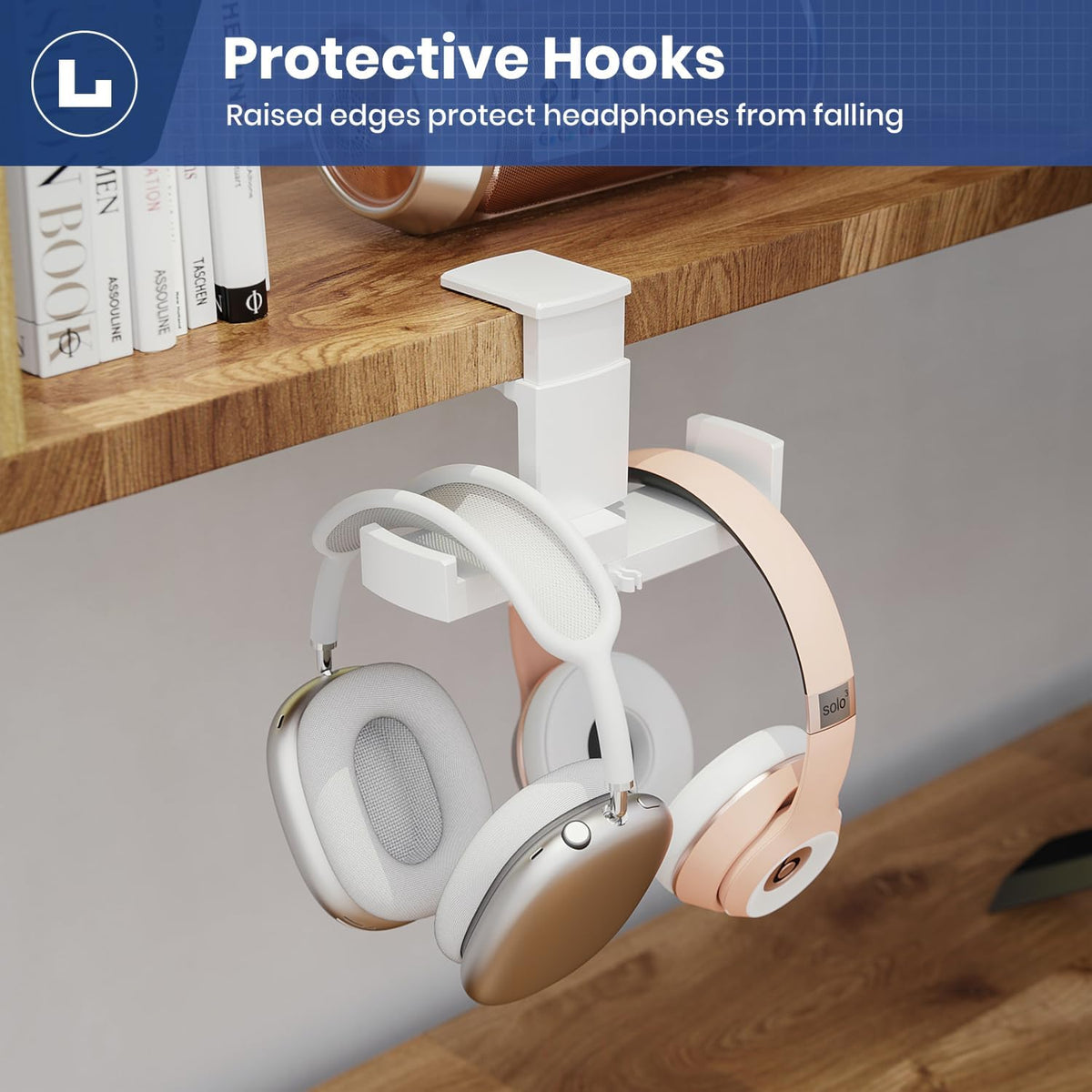 Dual Headphone Stand Holder - EURPMASK 2 in 1 PC Gaming Headset Hooks, 360 Degree Rotating Headphone Hanger with Adjustable Clamp & Cable Clip Organizer, Headset Mount Under Desk Earphone Clamp-White - Image 5