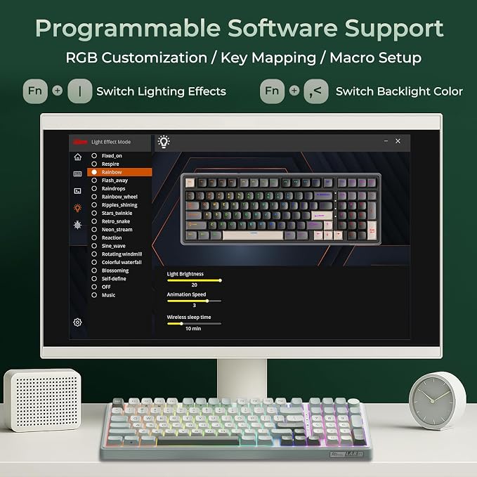 RK ROYAL KLUDGE R98 Pro Wireless Mechanical Keyboard, Creamy Bluetooth/2.4GHz/Wired RGB Gaming Keyboard with Number Pad and Knob, MDA Profile PBT Keycaps, Gasket Hot Swappable Tactile Switch, Cyan - Image 9