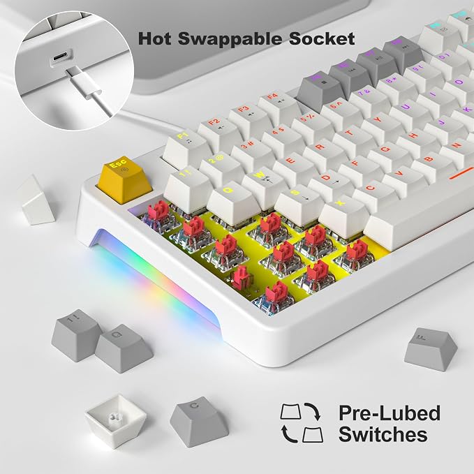 AK96 Smart Mechanical Keyboard Gaming, 96 Keys Full Size with LED Colorful Backlit, Clicky Creamy Sounding, USB Wired Computer Keyboard with Volume Knob for PC, Mac, Windows (White) - Image 2