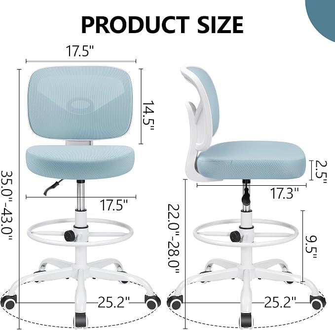 Tall Drafting Desk Chair - Armless, Adjustable Height, Mesh Back, Rolling, Standing Desk Chair for Art Room, Office or Home (Light Blue) - Image 3