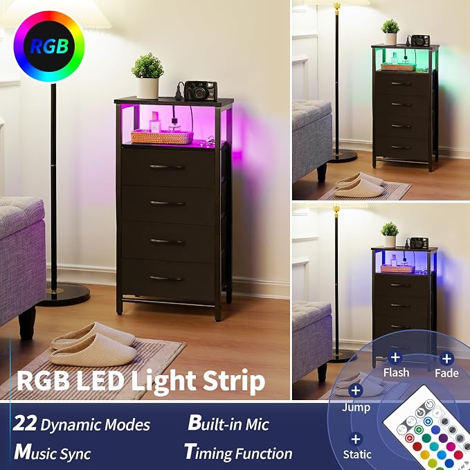 Yoobure Night Stand - Black Nightstand with Charging Station, Small Dresser | Bedside Table with 4 Fabric Drawers and Storage Shelf, LED End Table, Vertical Dressers with USB Ports and Outlets - Image 4