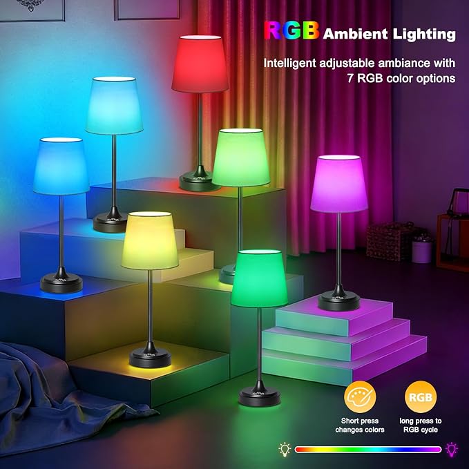 Wowag Cordless Table Lamp Rechargeable,5000mAh Battery Operated Desk Lamp,3 Colors & 7 RGB Stepless Dimmable,Touch Control Ambient Light for Bedside,Bedroom,Dining Room,Living Room,Black,WhiteShade - Image 3