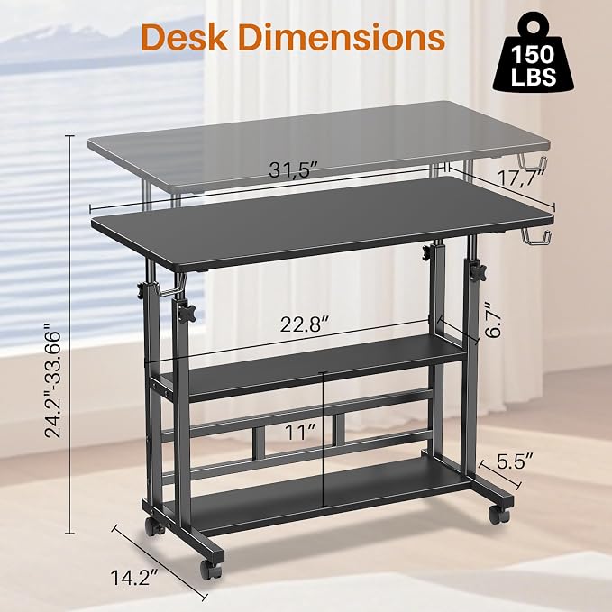Adjustable Height Standing Desk, Rolling Stand Up Desk with Storage Shelves, 31.5" Small Mobile Computer Desk, Portable Laptop Table (Simple Black) - Image 2