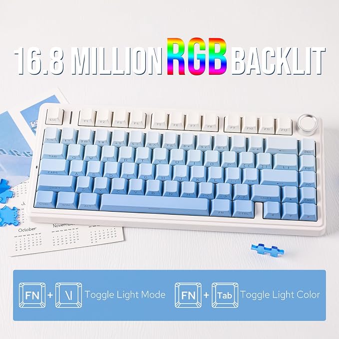 EPOMAKER x Aula F75 Gasket Mechanical Keyboard, 75% Wireless Hot Swappable Gaming Keyboard with Five-Layer Padding&Knob, BT/2.4GHz/USB-C, RGB (Blue Gradient, LEOBOG Reaper Switch) - Image 5