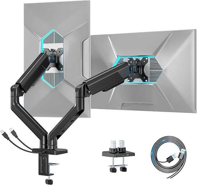 ARES WING Dual Monitor Mount with USB for 2 Monitors for 17-35 inch, Black | Heavy Duty Monitor Arms for 2 Monitors, Fully Adjustable Monitor Desk Stand for Ultrawide Screen, VESA 75x75 or 100x100mm by ARESWING