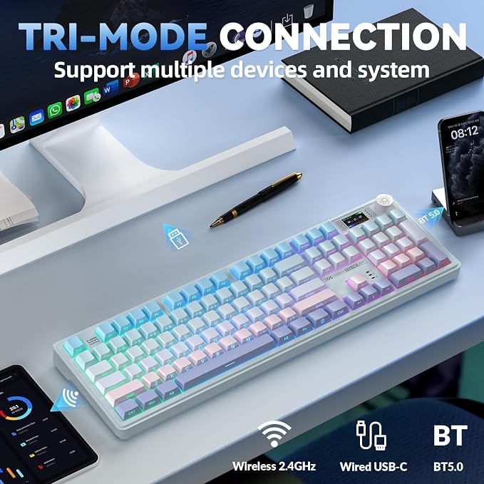 LINGBAO K108 Pro Wireless Mechanical Creamy Keyboard with Number Pad & Knob | Full Size Mechanical Keyboard with 10000mAh Battery, PBT Keycaps, Gasket Mount, RGB Backlit Hot-swap Custom Keyboard for PC - Image 4