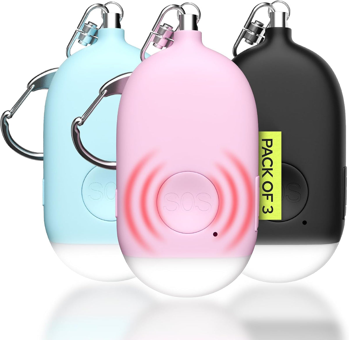 Rechargeable Personal Alarm Keychain - 130dB Siren, LED Light - 3Pack Personal Safety Alert for Women to Carry - Panic Button Alarm for Security - Rape Whistle for Self Defense (Black&Pink&Blue) by WETEN