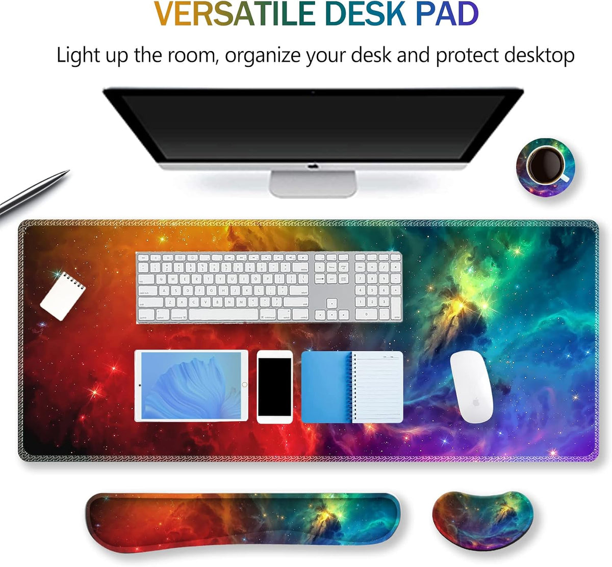 Extended Gaming Mouse Pad Set, Keyboard Wrist Rest Support Pad + Wrist Cushion + XXL Large Mouse Pad + Coaster, Stitched Edge, Non-Slip, Memory Foam Desk Mat, Color Nebula Galaxy - Image 2