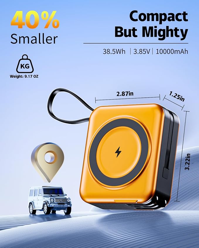 for Magsafe Portable Charger with Built-in Cables and AC Wall Plug, 10000mAh Magnetic Wireless Power Bank 22.5W Type-C in & Out Fast Charging Battery Pack for iPhone 17/16/15/14/13/12 Series, Orange - Image 7