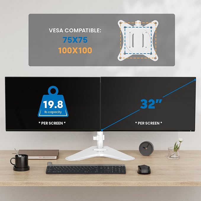 Mount-It! Dual Monitor Desk Stand Mount for 2 Screens VESA 75x75 & 100x100 | Fits two VESA 75x75/100x100 screens, sturdy desk stand for a clean dual-monitor workstation. - Image 3