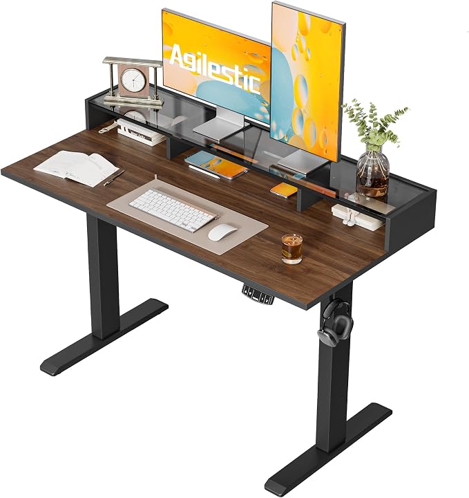 Agilestic 48 * 24 Inch Electric Standing Desk with Glass Shelf, Dark Walnut | Electric Height Adjustable, 2 Storage Drawer, Monitor Stand, Sturdy Steel Frame, Memory Presets, Hooks, 154 lbs, Splice Board by Agilestic