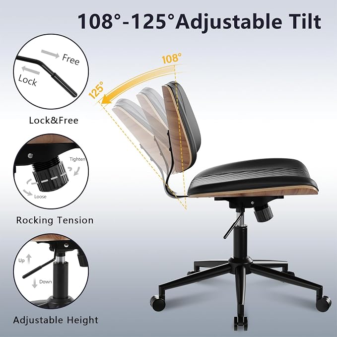 Modern Armless Office Chair with Wheels, Wide Seat Walnut, Black | Adjustable Swivel Desk Chair with Mid Back & Tilt Function, Faux PU Leather Mid Century Modern Task Office Chair, 300LBS Cap - Image 4