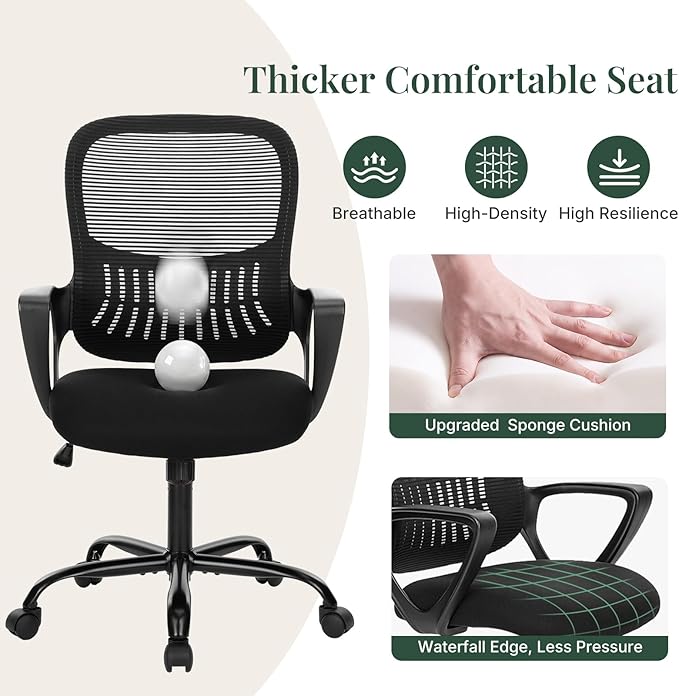 Home Office Desk Chair, Lumbar Support, Mesh Back Computer Chair | Height Adjustable, Mesh Mid-Back, Ergonomic Task Gaming Chair with 360° Swivel Wheels, Lumbar Support, Black - Image 4
