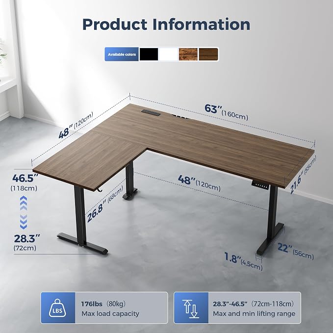 Klicelor L Shaped Standing Desk 63 x 48 Inch,Electric Height Adjustable Corner Desk with Cable Management & Power Outlets, Ergonomic Sit Stand Up Computer Table for Home Office,Dark Walnut - Image 3
