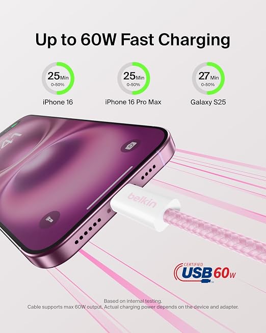 Belkin USB C to USB C 60W Braided Cable 6.6ft iPhone Charger Cord | iPhone 15/16/17, Samsung Galaxy S26, Pixel 10, Airpods, iPad, Nintendo Switch 2, MacBook, Steam Deck, Travel, Chromebook - Image 2
