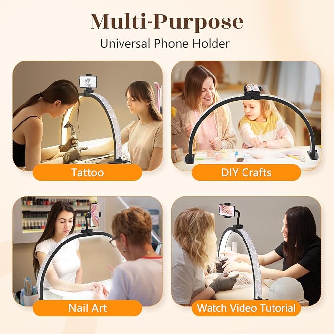 Yokilly Half Moon Light for Nail Desk: 29" Foldable Nail Light for Desk | Arch Nail Tech Light with Phone Holder for Beginner - 3 Color Modes & 10 Brightness for Manicure Salon-Black - Image 6