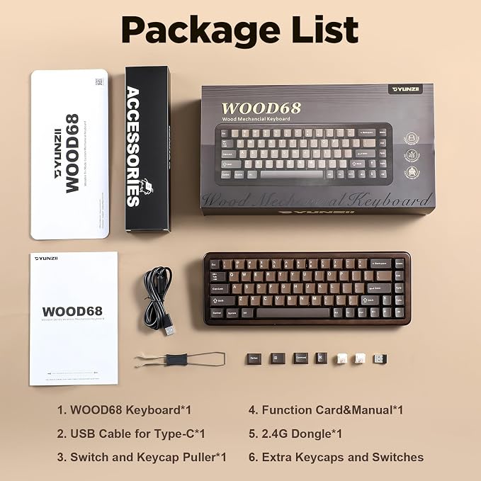YUNZII WOOD68 65% Wireless Hot Swap RGB Mechanical Keyboard (Wood, Candy) | Tray Mount, Pre-lubed Linear Switche,BT/2.4G/USB-C,PBT Double-shot Keycaps,Wooden case for Retro Gamers & Desk Setups - Image 9