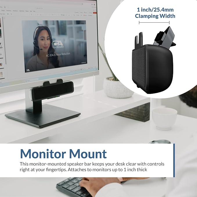Cyber Acoustics CA-2890 USB Speaker Bar with Clip-On Monitor Mount Design | Compact speaker bar for PC and Mac, Great for Tight Desks, Play and Pause Buttons, LED Status Light, Plug-and-Play Setup - Image 2