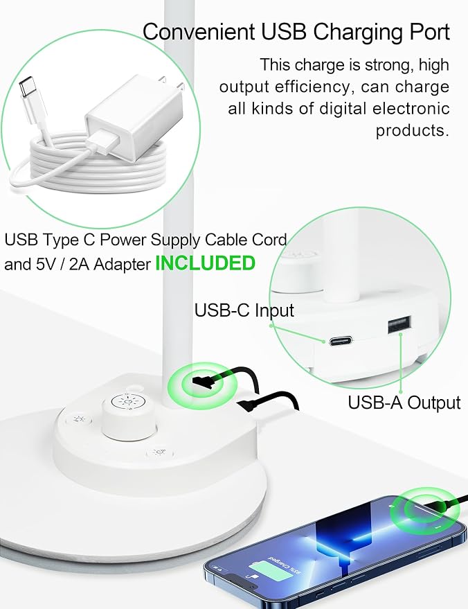 BOHON LED Desk Lamp with USB Charging Port, 3 Color Modes Dimmable, White | Reading Lamp, Auto Dimming Task Lamp, Flexible Neck Table Light for Dorm Bedside, Adapter Include - Image 4