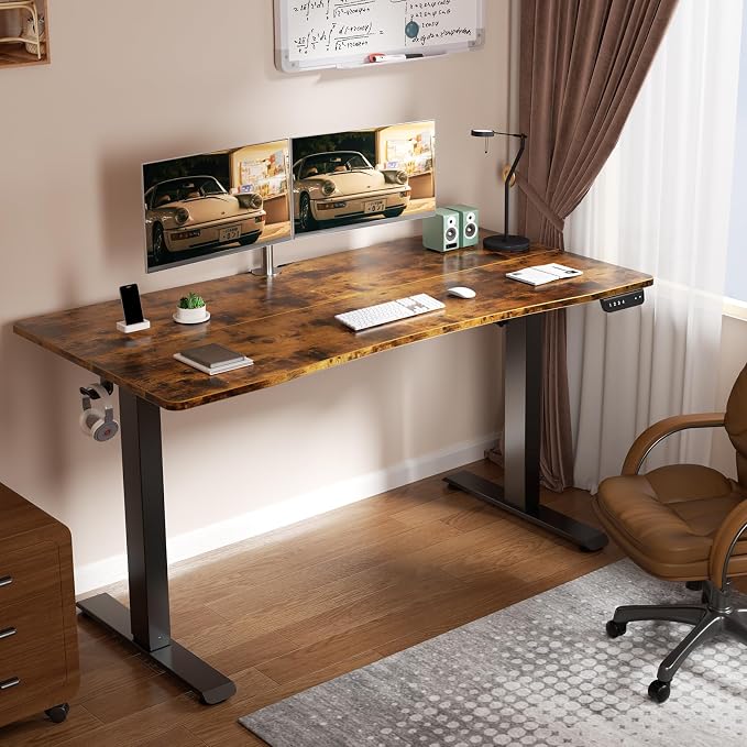 Veken Standing Desk 55 x 28 Inch, Sit to Stand Up, Work Home Office Computer Table for Study, Walking Pad, Writing, and Games, Wooden Desktop Desks, Brown - Image 2